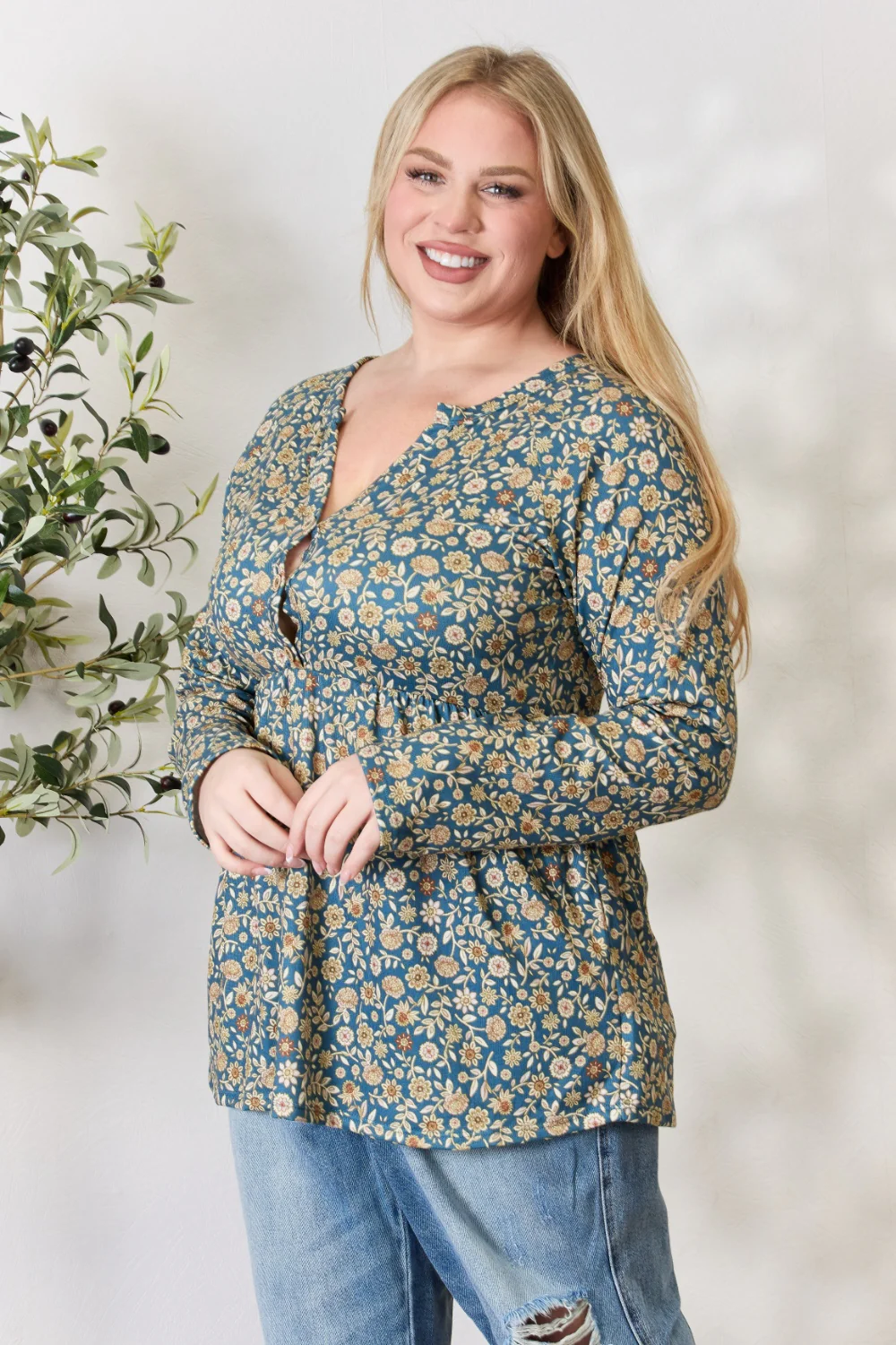 Heimish Full Size Floral Half Button Long Sleeve Blouse - Image 7