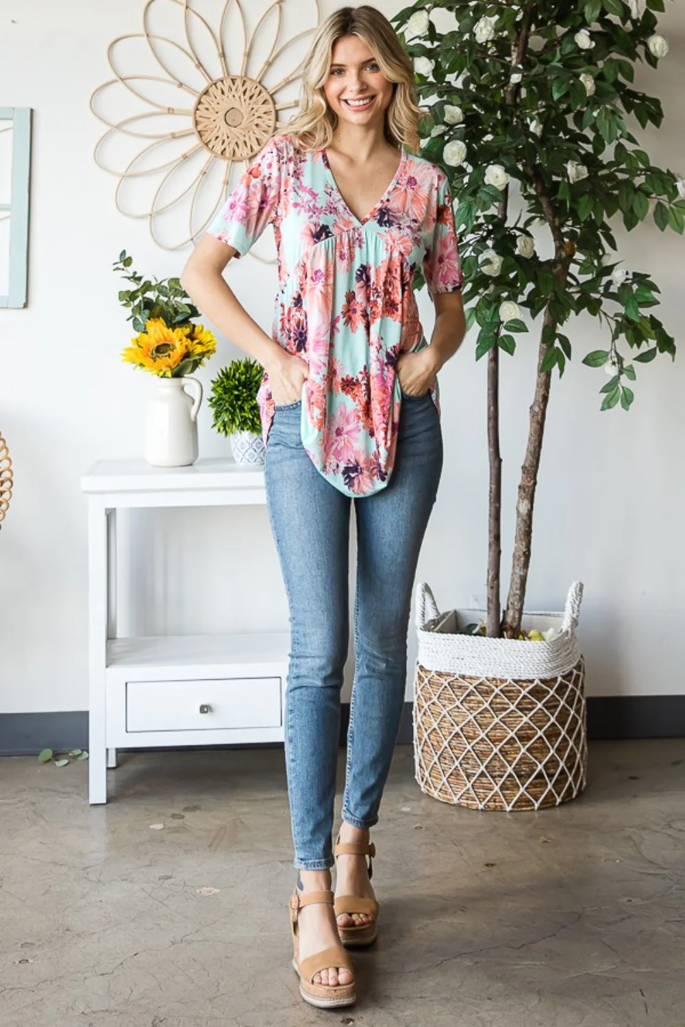 Heimish Full Size Floral V-Neck Short Sleeve Babydoll Blouse - Image 8