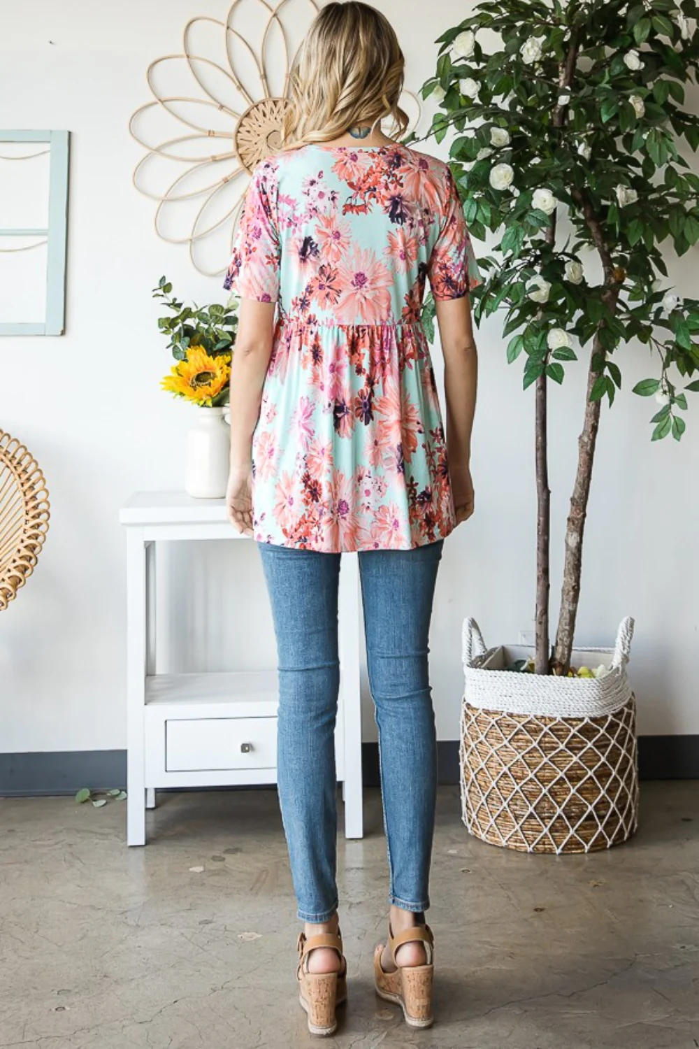 Heimish Full Size Floral V-Neck Short Sleeve Babydoll Blouse - Image 9