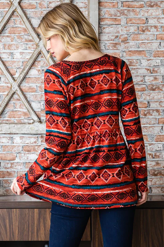 Heimish Full Size Geometric Button Detail Long Sleeve Babydoll Top - Image 2