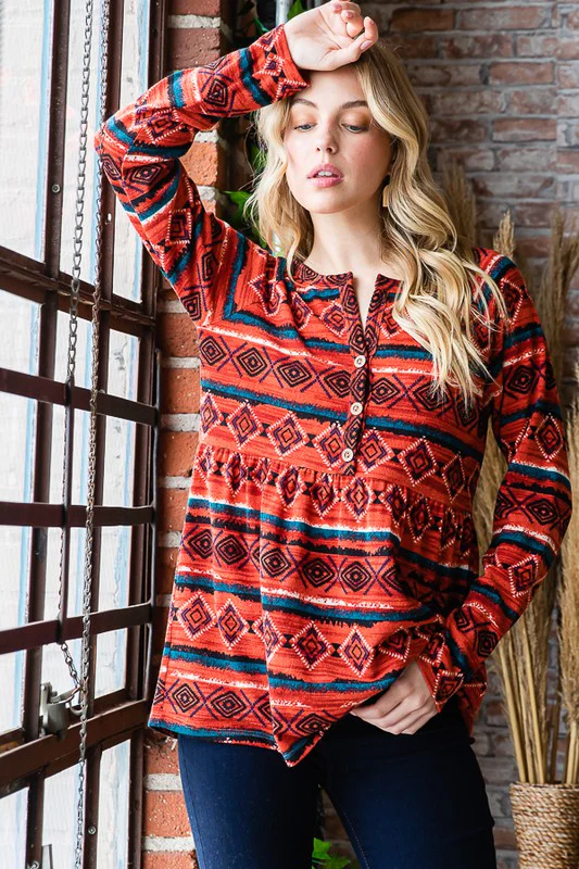 Heimish Full Size Geometric Button Detail Long Sleeve Babydoll Top - Image 4