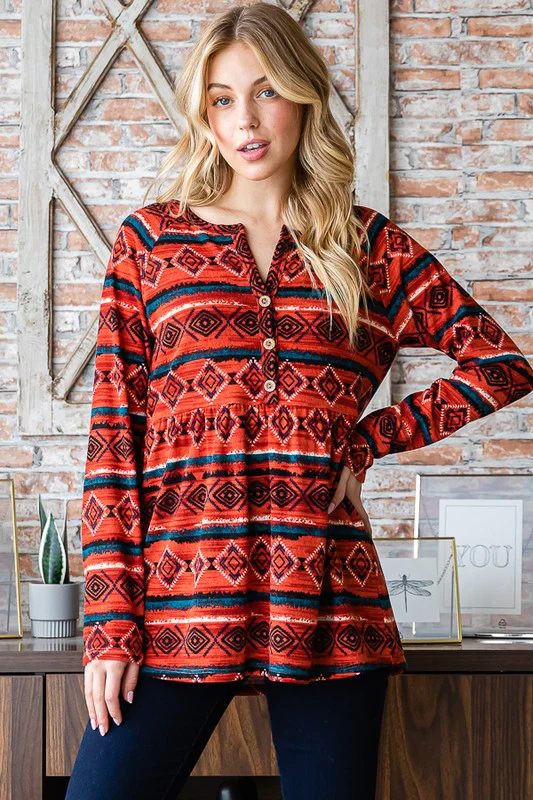 Heimish Full Size Geometric Button Detail Long Sleeve Babydoll Top - Image 5