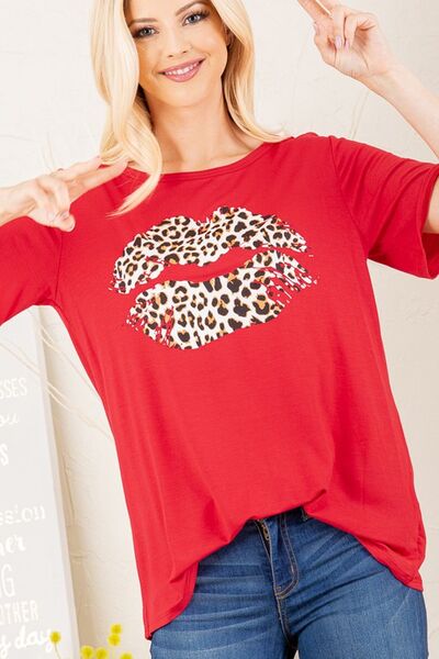 Heimish Full Size Leopard Lip Round Neck Short Sleeve T-Shirt Plus Size - Image 6