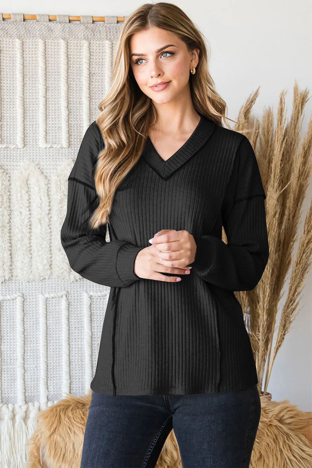Heimish Full Size Ribbed V-Neck Exposed Seam Top - Image 3