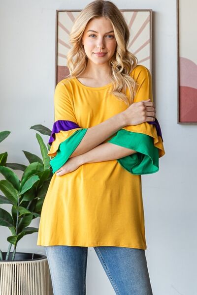 Heimish Full Size Round Neck Color Block Ruffled Half Sleeve Top Plus Size - Image 3