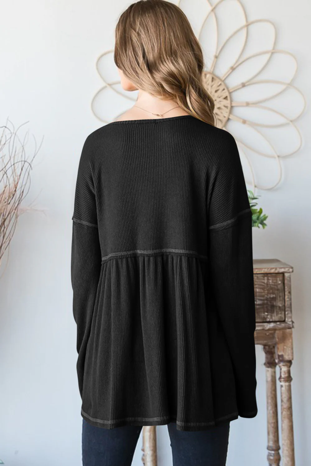 Heimish Full Size V-Neck Long Sleeve Ribbed Babydoll Top - Image 2