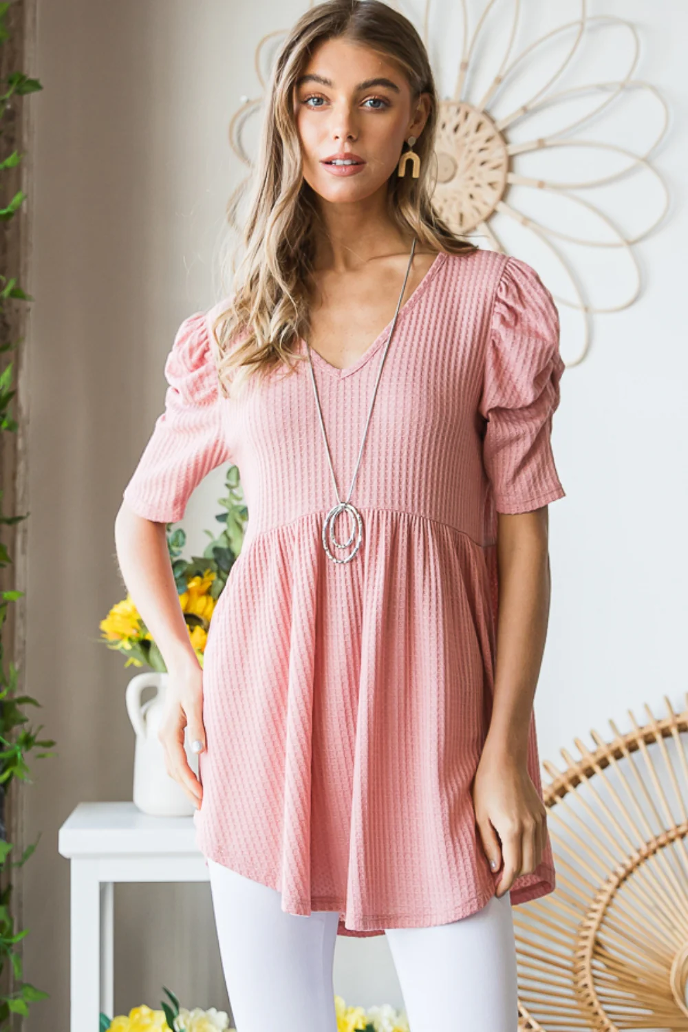Heimish Full Size Waffle Knit V-Neck Babydoll Top - Image 6
