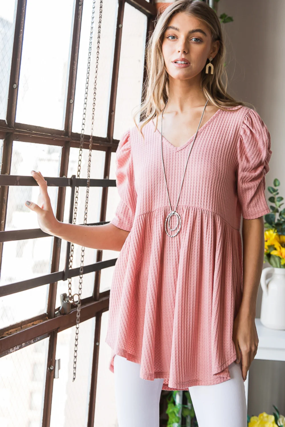Heimish Full Size Waffle Knit V-Neck Babydoll Top - Image 9