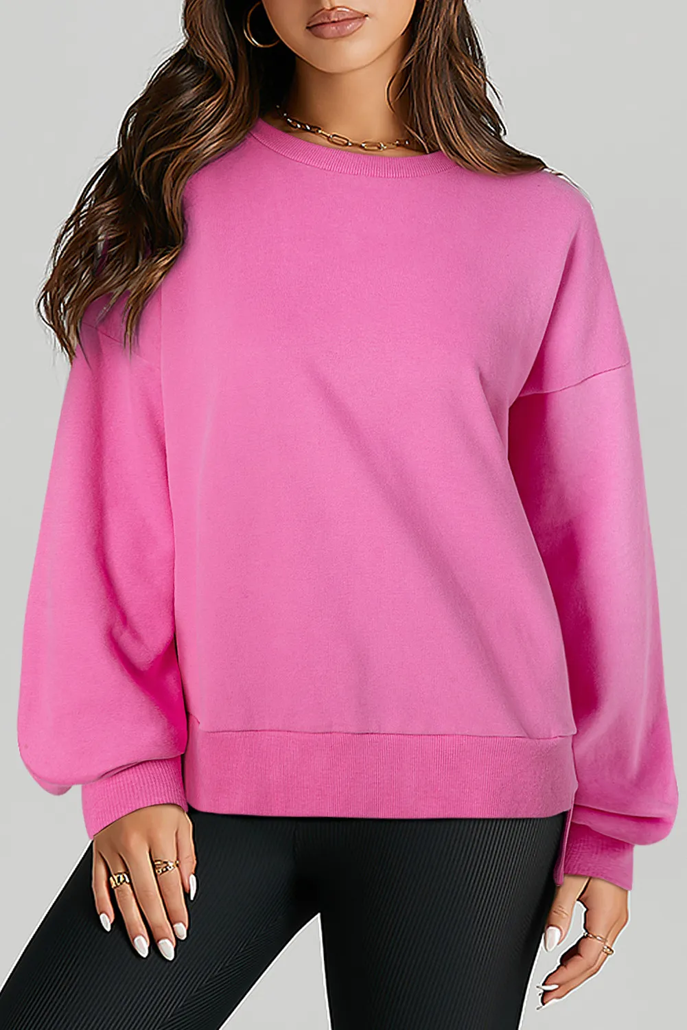 High-Low Round Neck Long Sleeve Sweatshirt - Image 13
