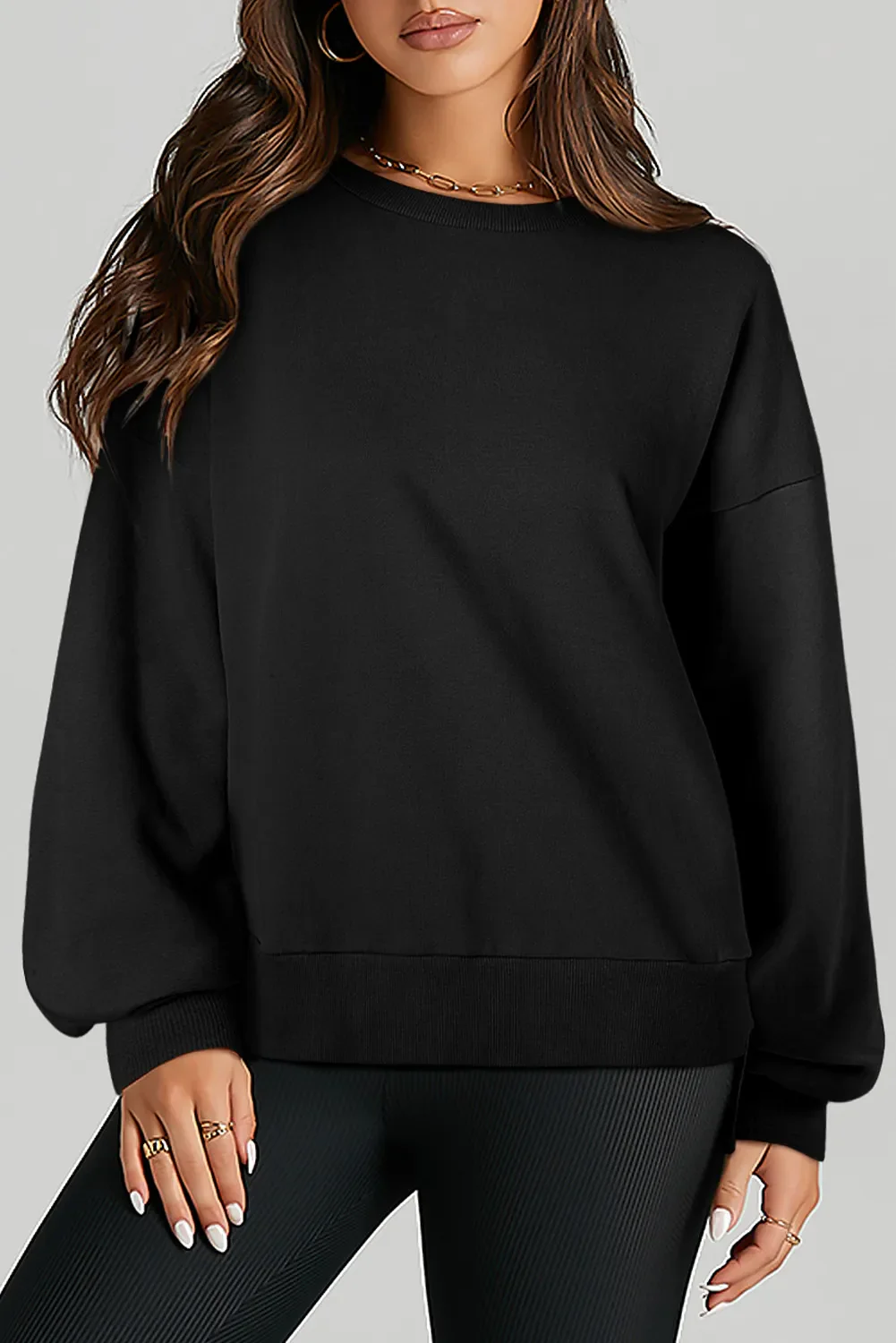 High-Low Round Neck Long Sleeve Sweatshirt - Image 5