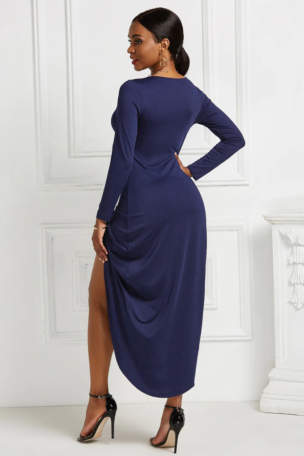 High-low Ruched Surplice Long Sleeve Dress - Image 25