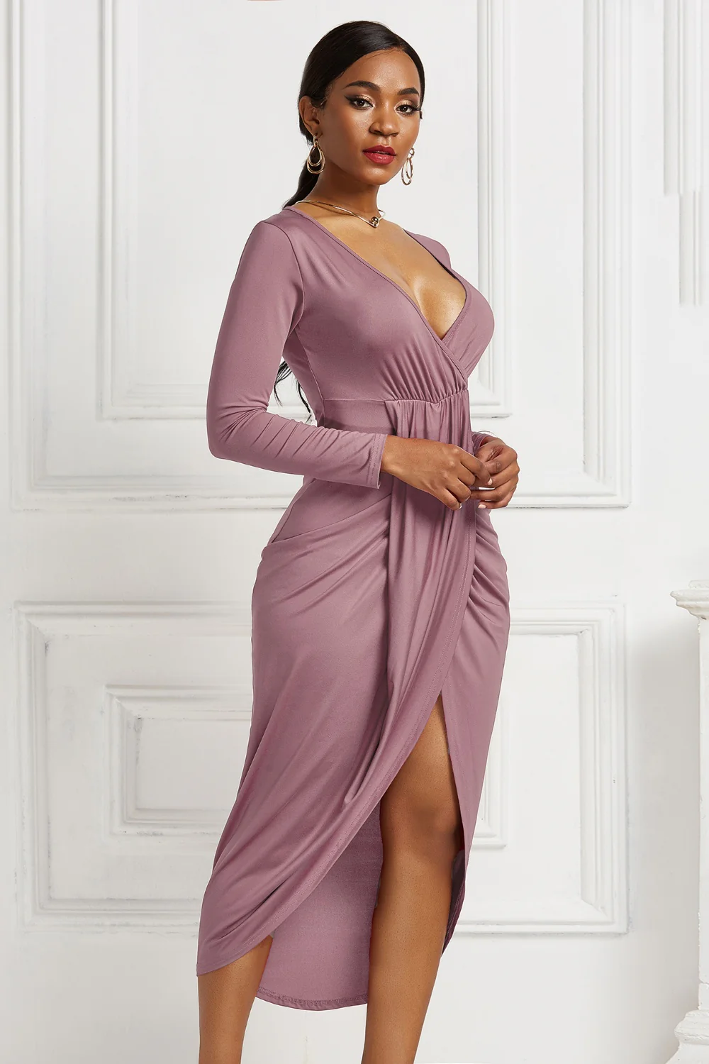 High-low Ruched Surplice Long Sleeve Dress - Image 29