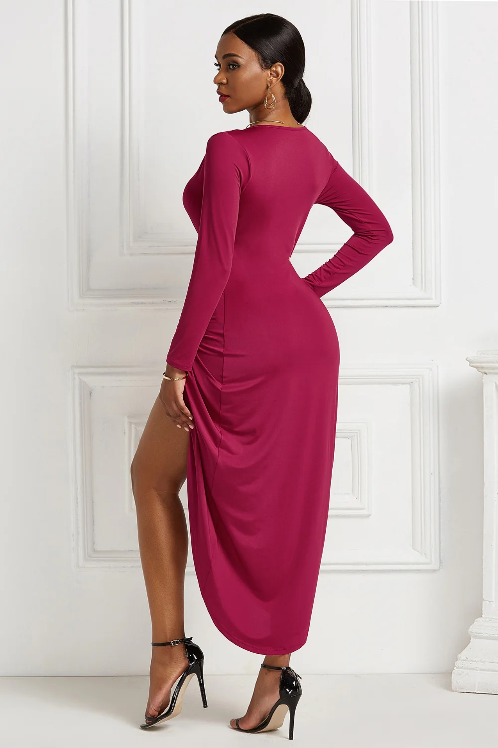 High-low Ruched Surplice Long Sleeve Dress - Image 35