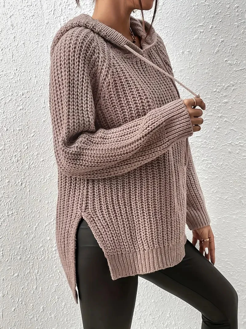 High-Low Side Slit Drawstring Long Sleeve Hooded Sweater - Image 3
