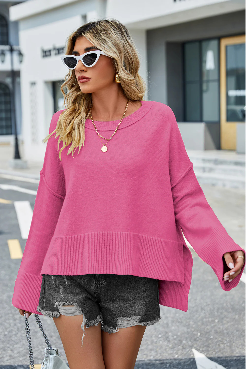 High-Low Slit Round Neck Long Sleeve Sweater - Image 3