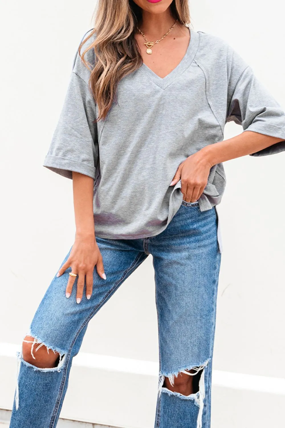 High Raglan Half Sleeve V Neck Oversized T Shirt - Image 4