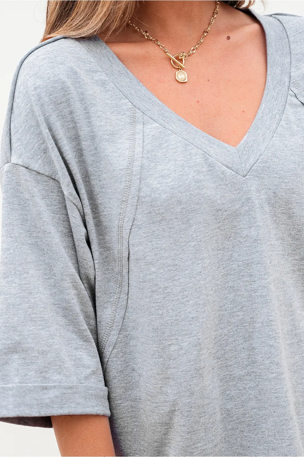 High Raglan Half Sleeve V Neck Oversized T Shirt - Image 7