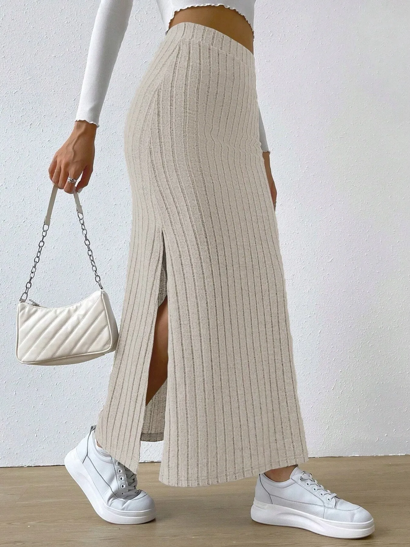 High Waist Ribbed Knit Maxi Skirt - Image 3