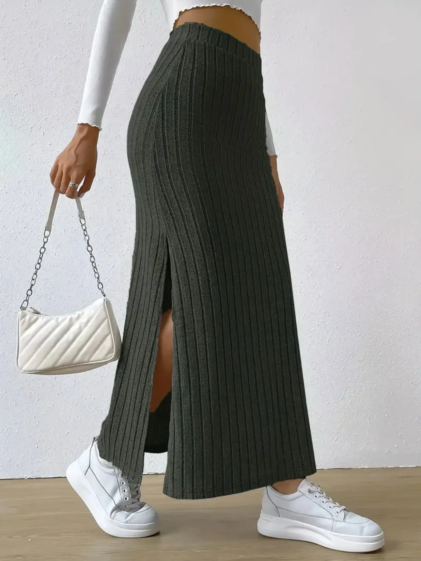 High Waist Ribbed Knit Maxi Skirt - Image 7