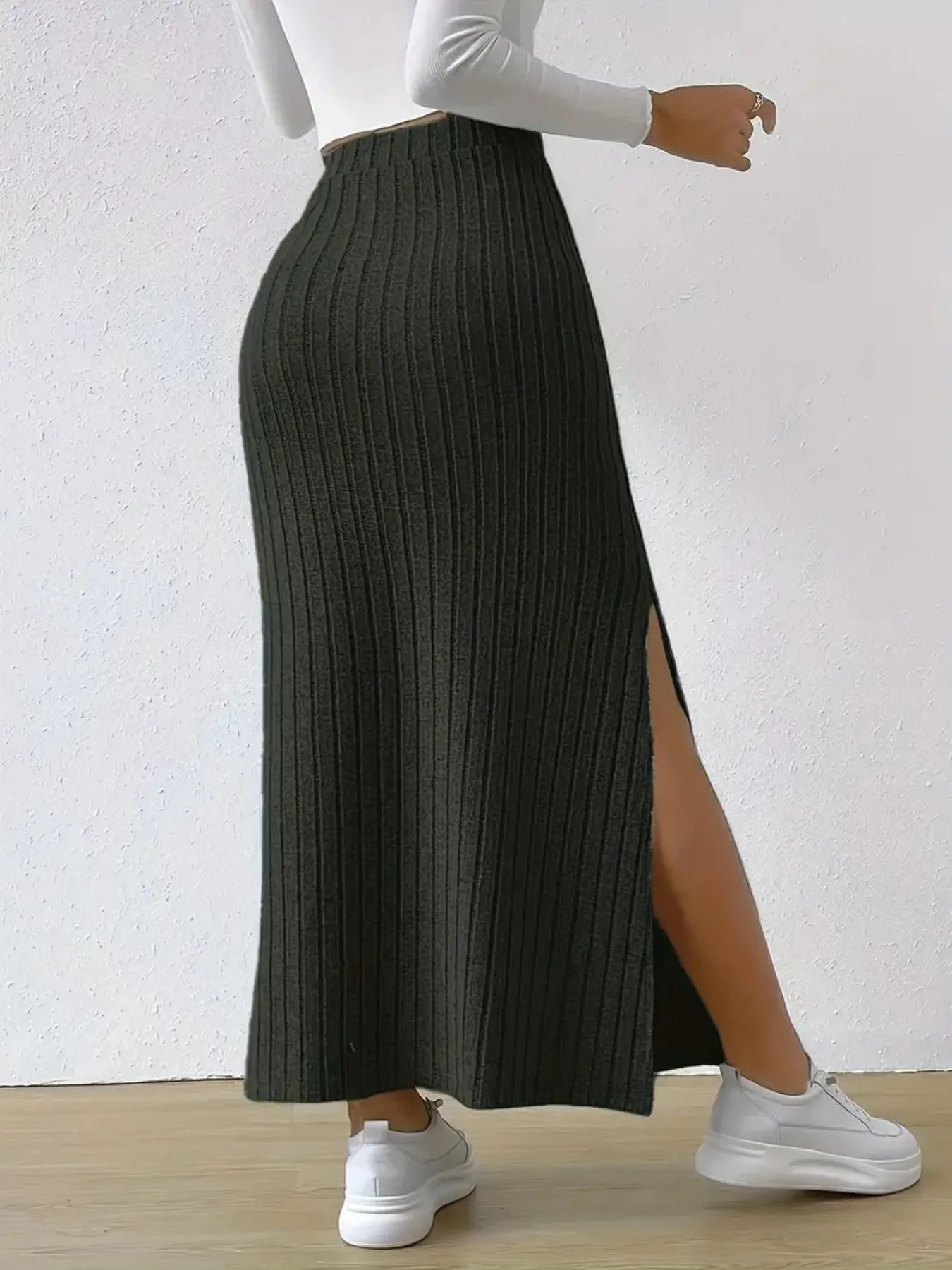 High Waist Ribbed Knit Maxi Skirt - Image 9