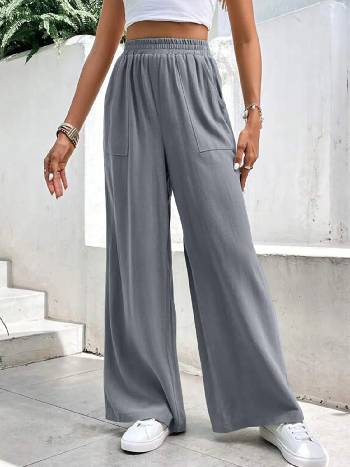 High Waist Wide Leg Pants with Pockets - Image 3
