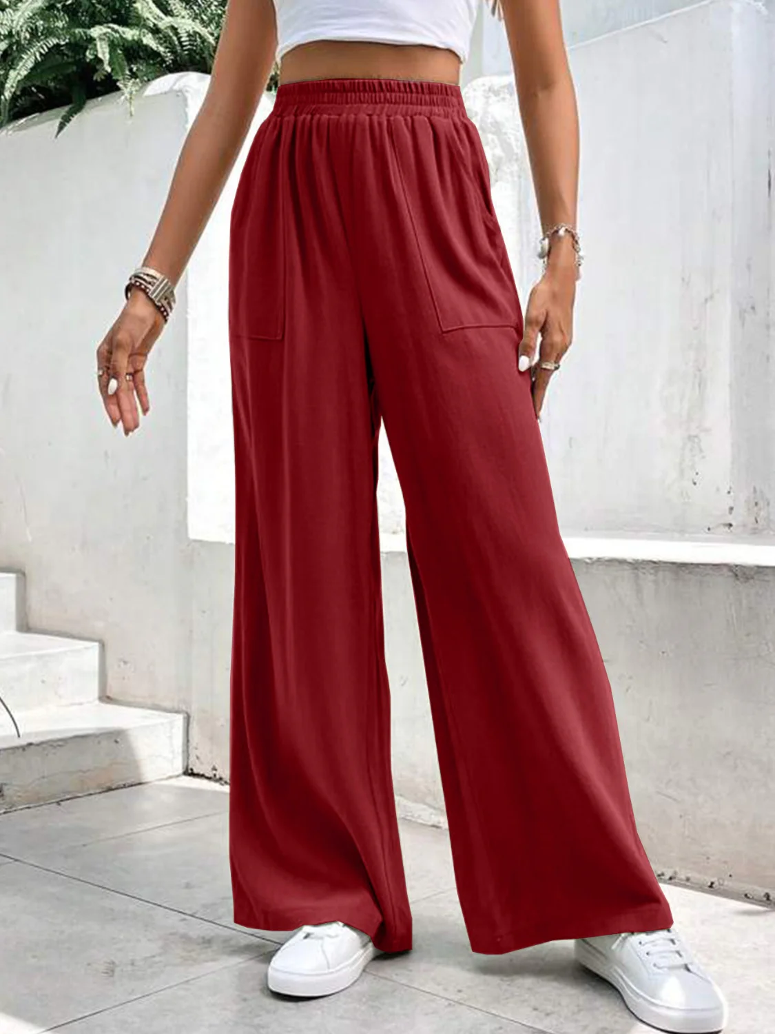High Waist Wide Leg Pants with Pockets - Image 7