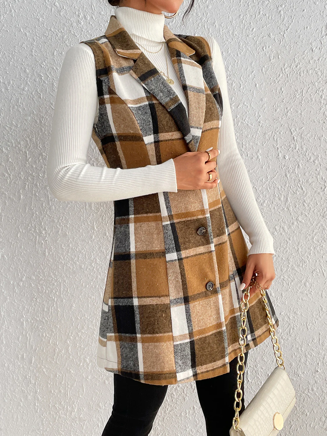 Honey Plaid Lapel Collar Vest - Image 6