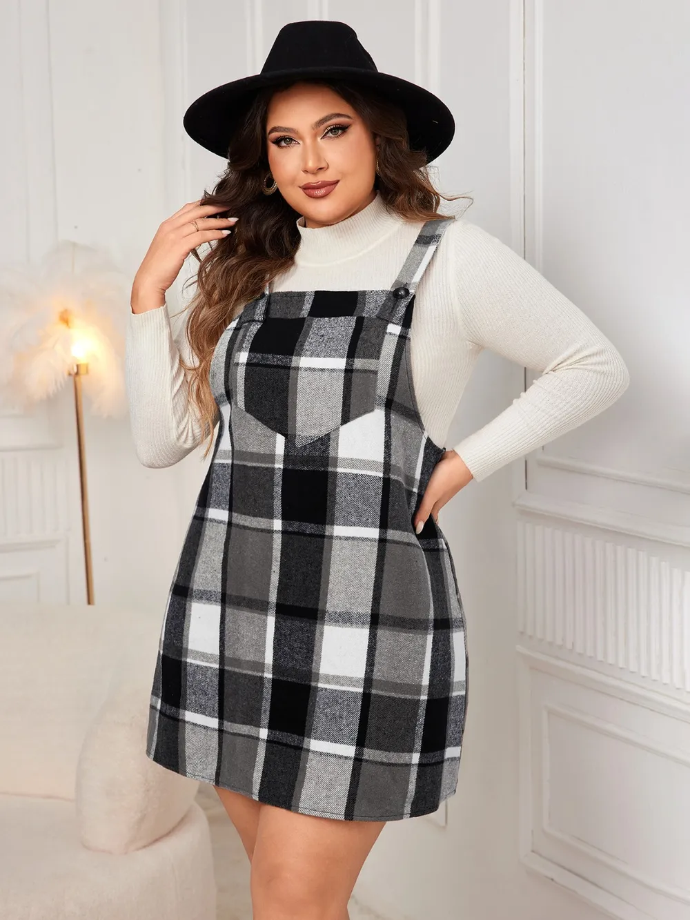 Honey Plus Size Plaid Wide Strap Overall Dress - Image 10