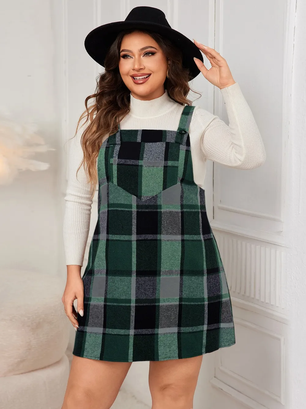 Honey Plus Size Plaid Wide Strap Overall Dress - Image 13