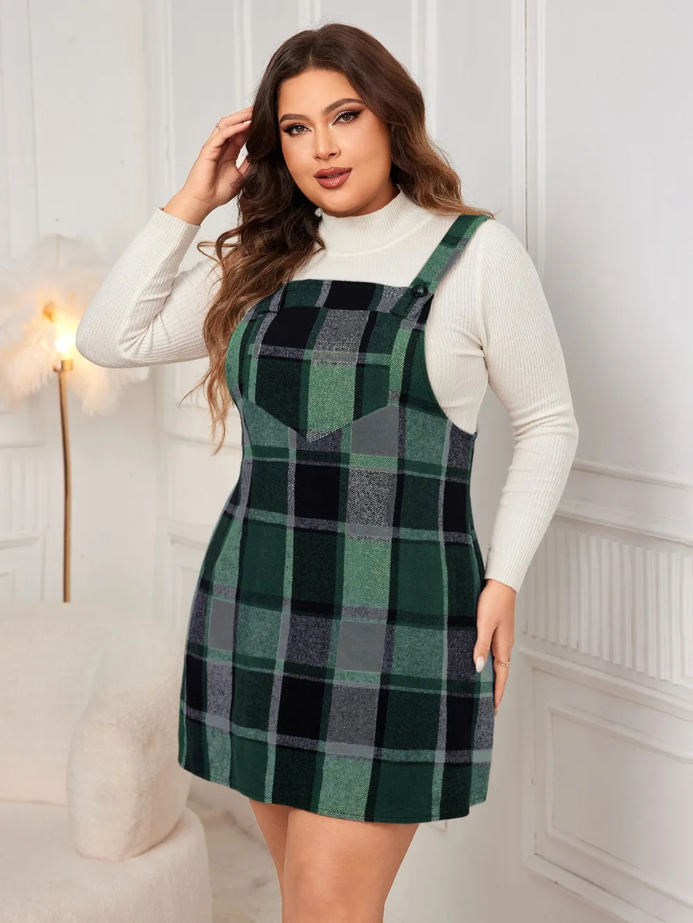 Honey Plus Size Plaid Wide Strap Overall Dress - Image 15