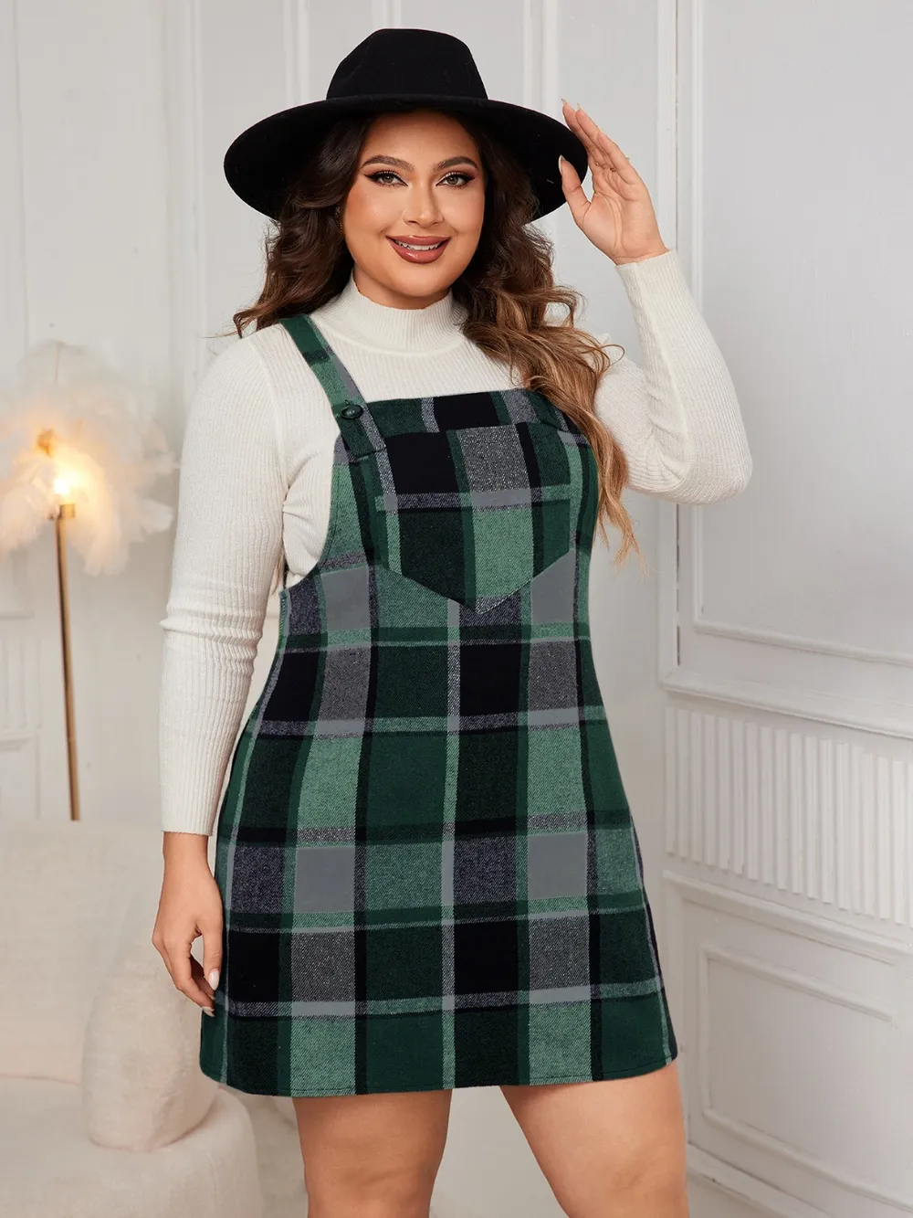 Honey Plus Size Plaid Wide Strap Overall Dress - Image 17