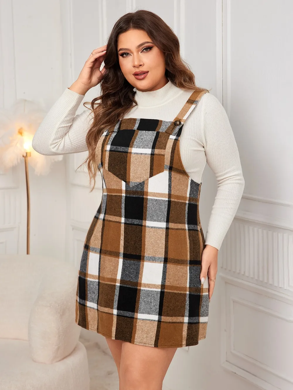 Honey Plus Size Plaid Wide Strap Overall Dress - Image 3