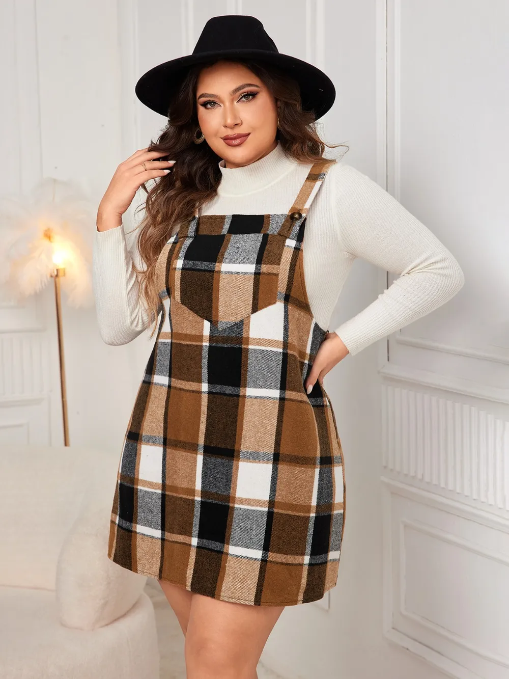 Honey Plus Size Plaid Wide Strap Overall Dress - Image 4