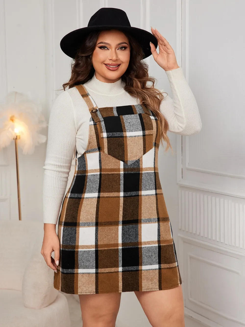 Honey Plus Size Plaid Wide Strap Overall Dress - Image 5