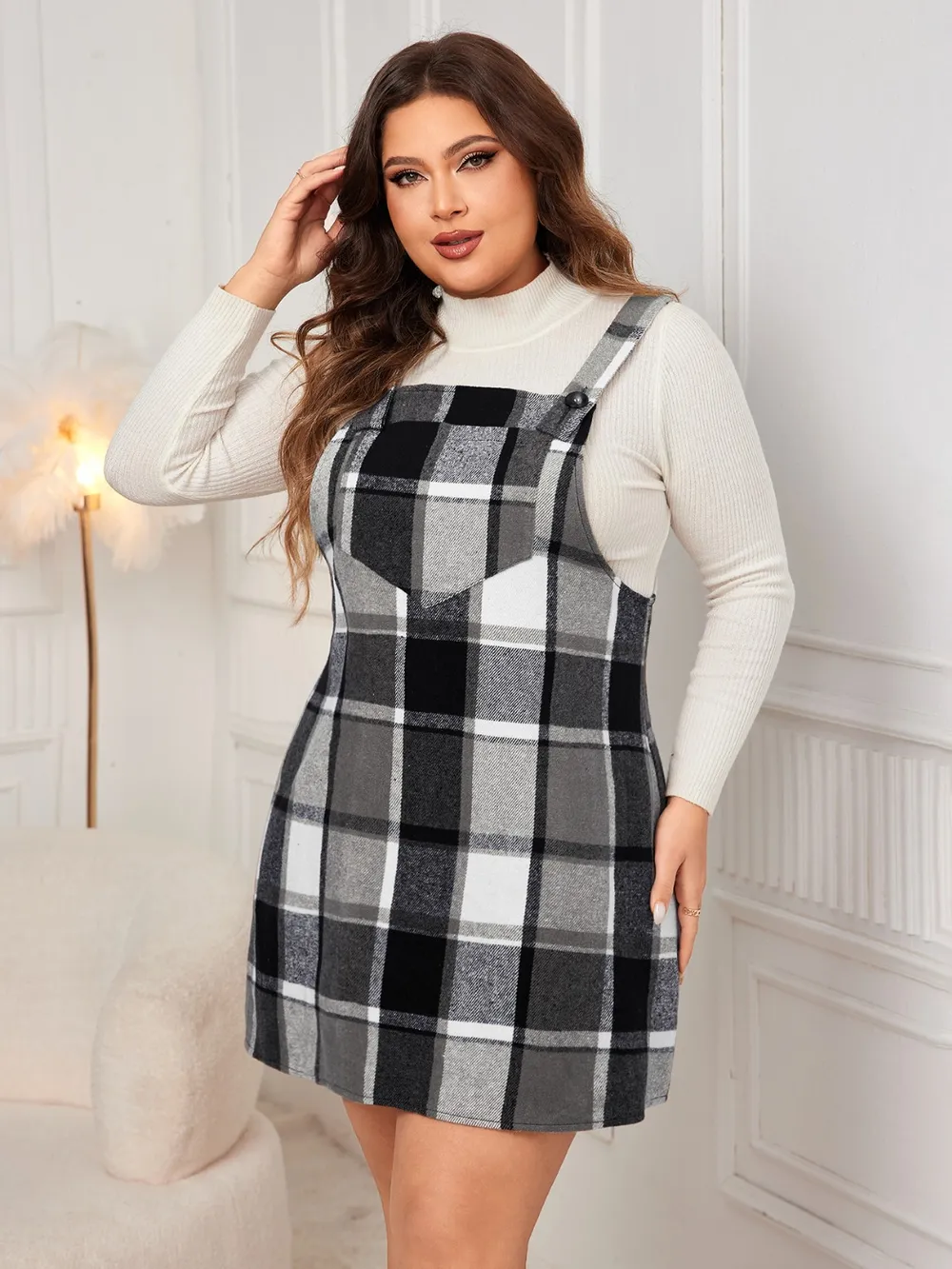 Honey Plus Size Plaid Wide Strap Overall Dress - Image 9
