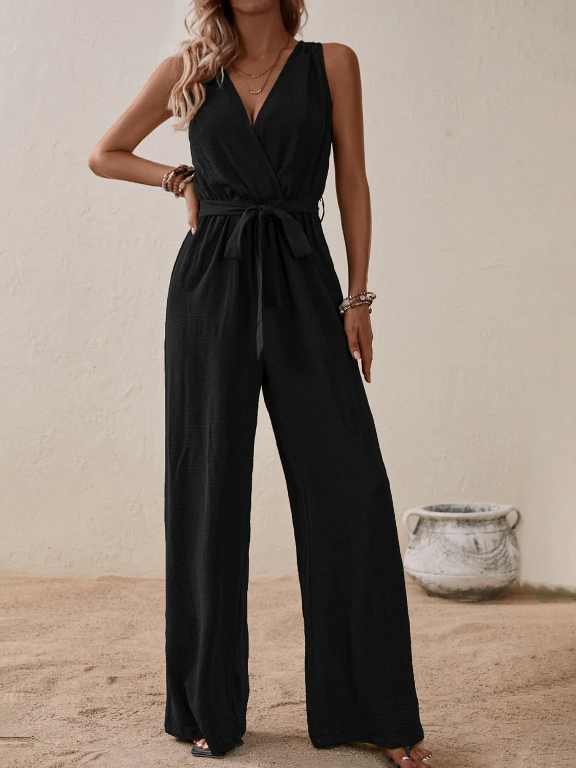 Honey Tied Surplice Sleeveless Wide Leg Jumpsuit - Image 3