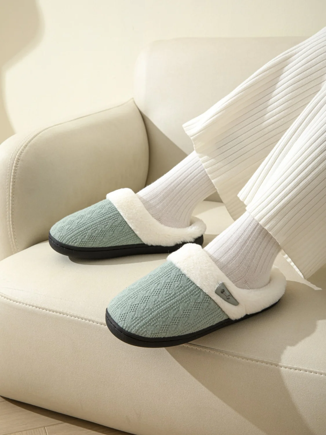 Horn Buckle Furry Texture Flat Slippers - Image 19