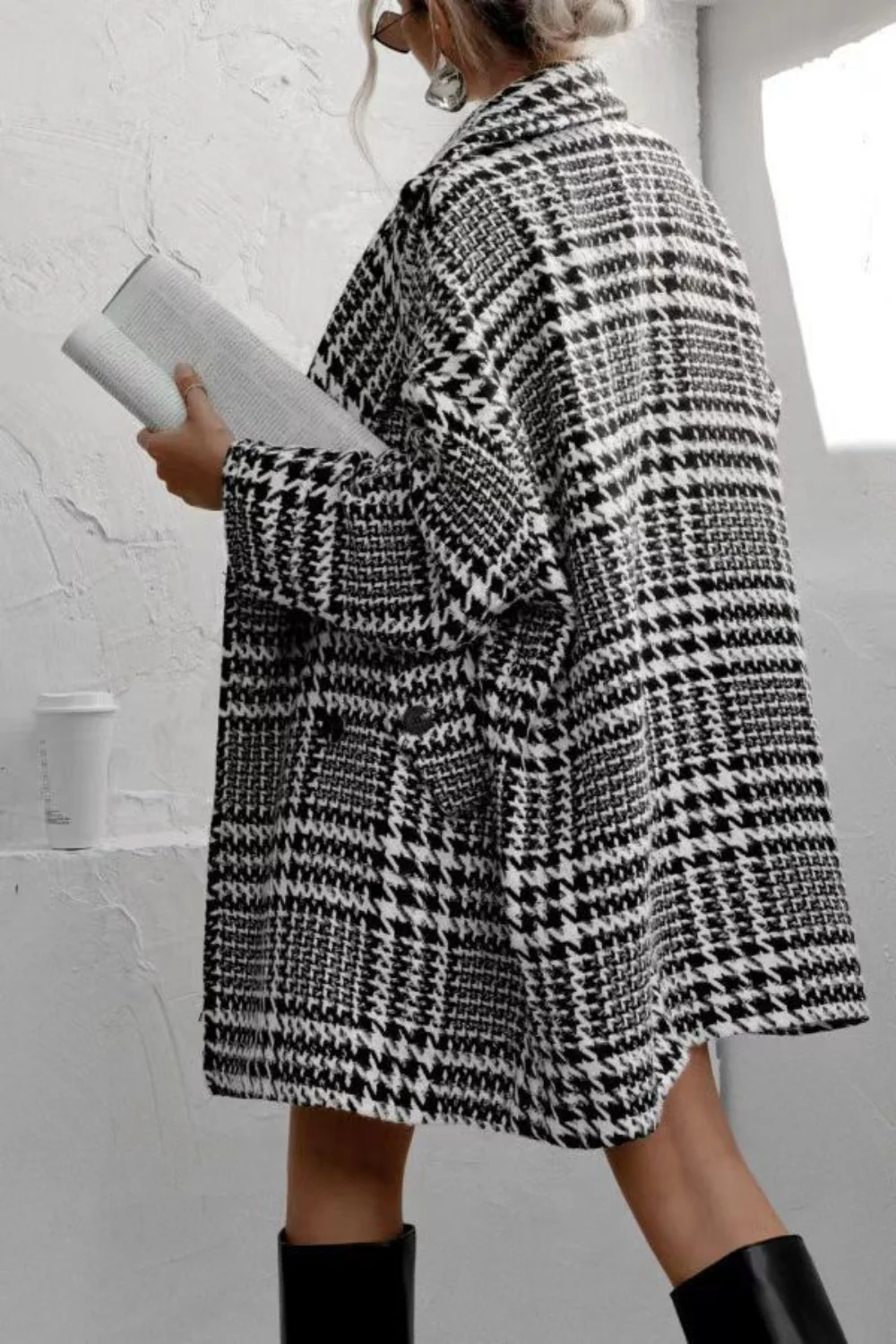 Houndstooth Collared Neck Long Sleeve Coat with Pockets - Image 7