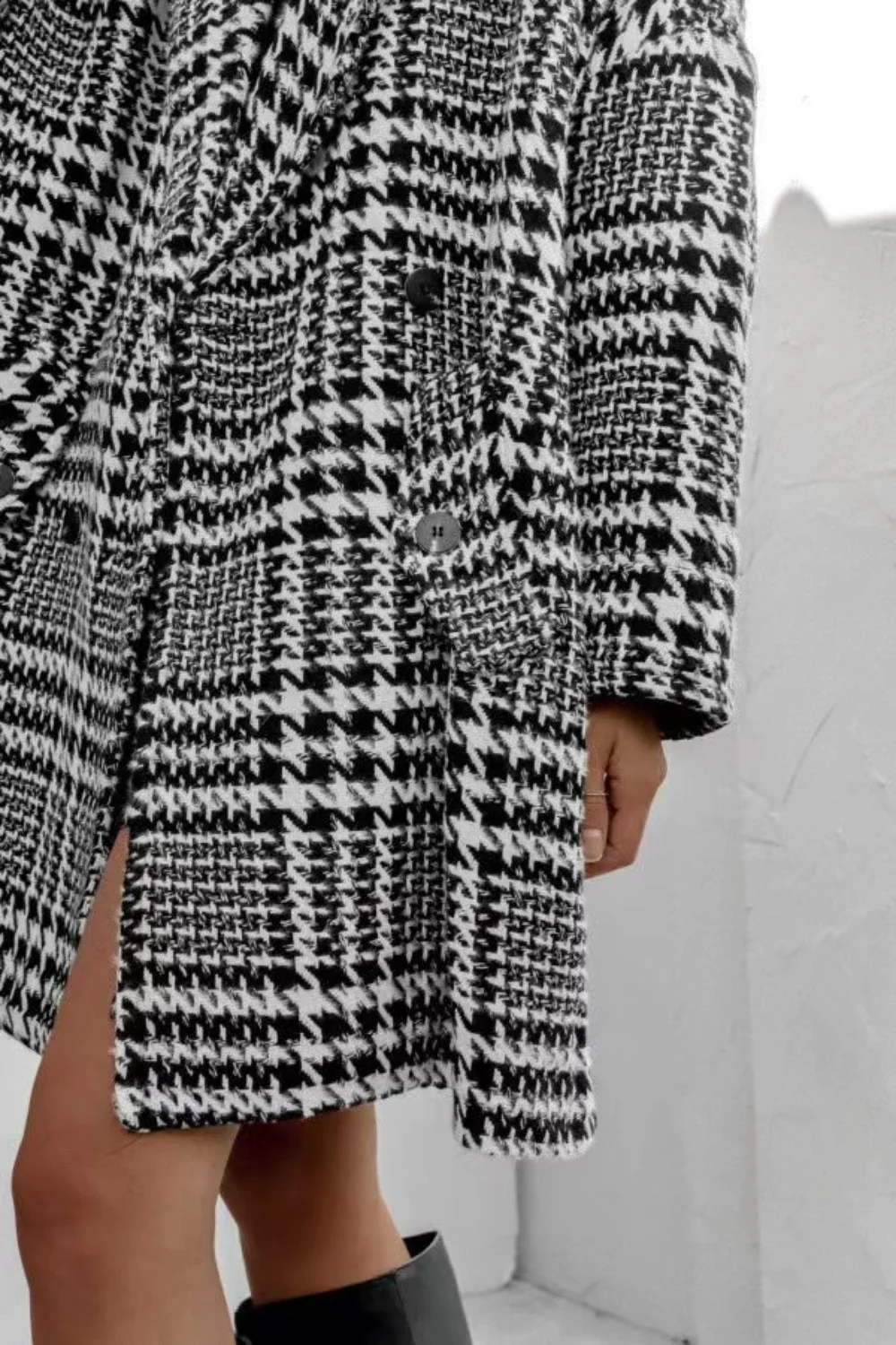 Houndstooth Collared Neck Long Sleeve Coat with Pockets - Image 9
