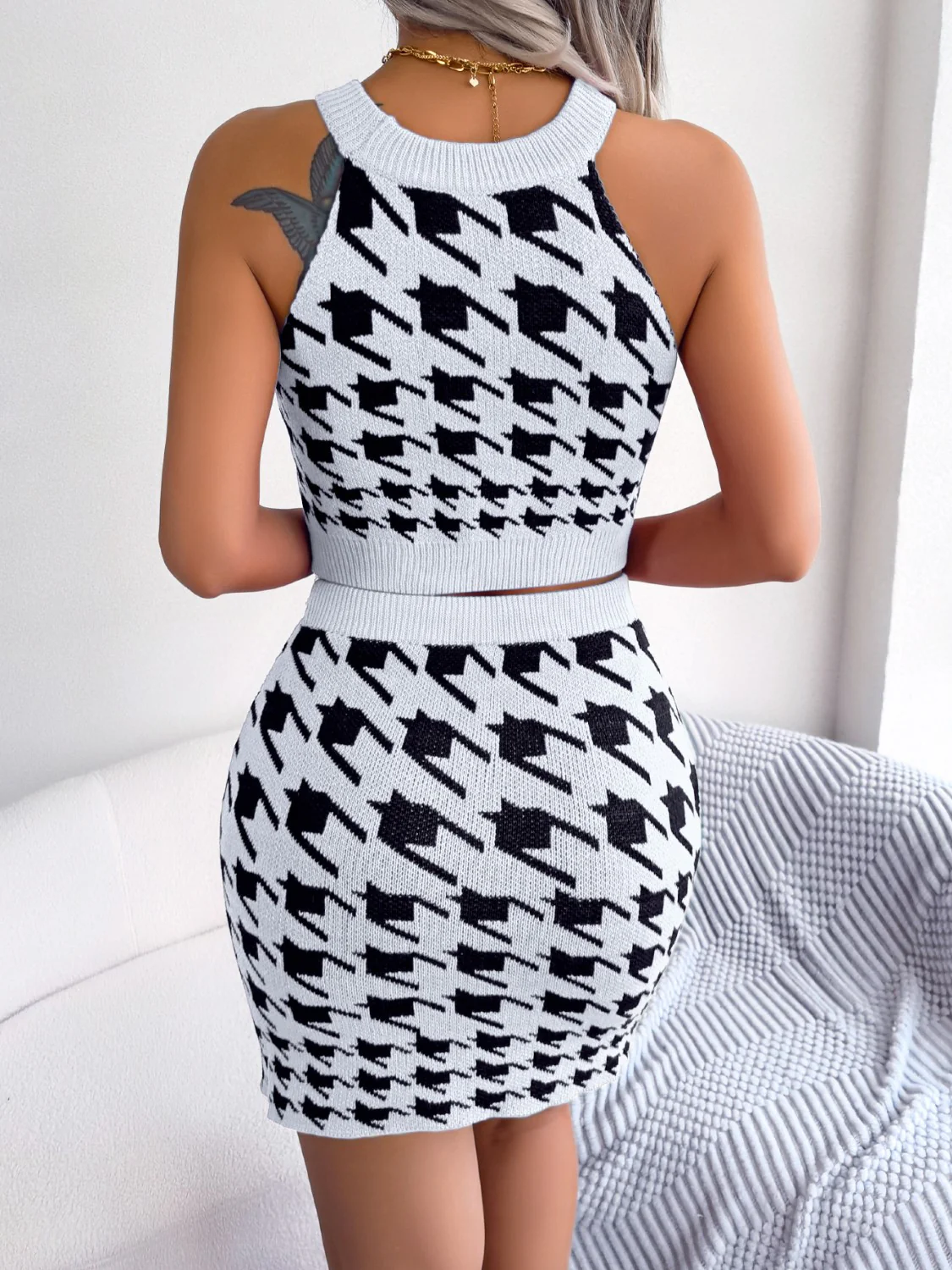 Houndstooth Sleeveless Top and Skirt Sweater Set - Image 6