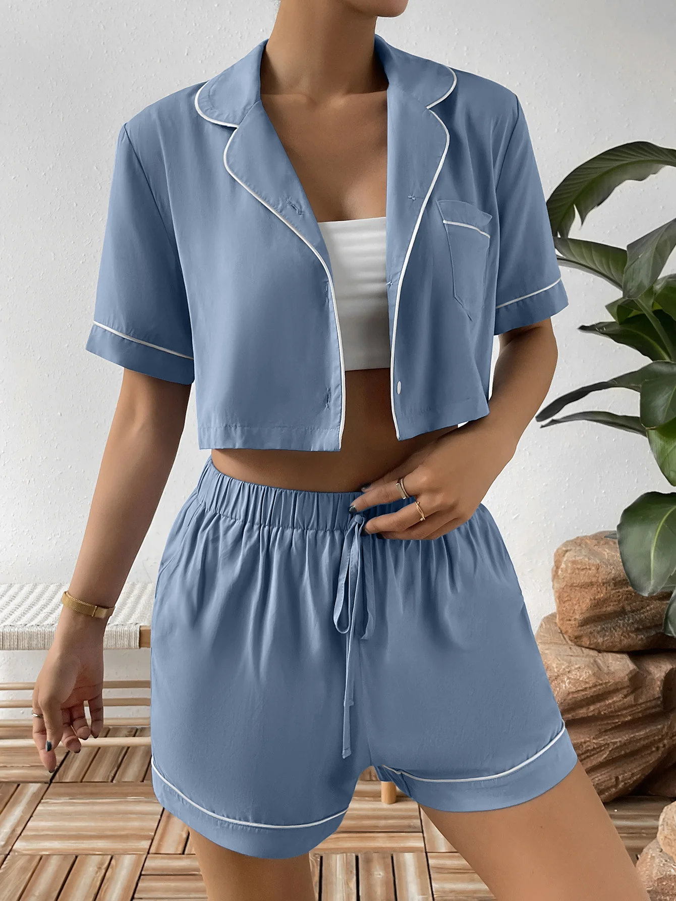 Ivy Lane Contrast Lapel Collar Cropped Shirt and Shorts Lounge Set - Image 3