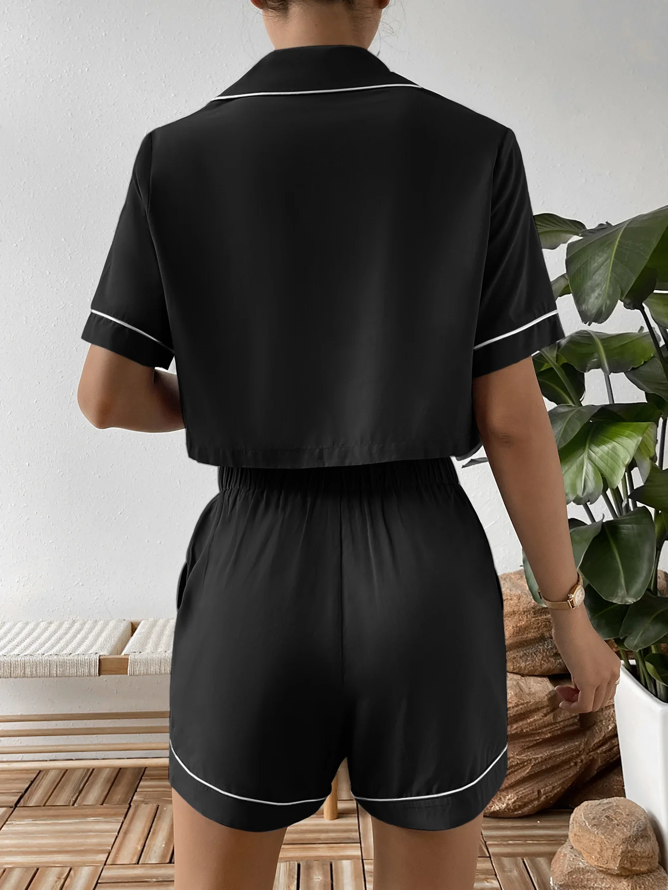 Ivy Lane Contrast Lapel Collar Cropped Shirt and Shorts Lounge Set - Image 9