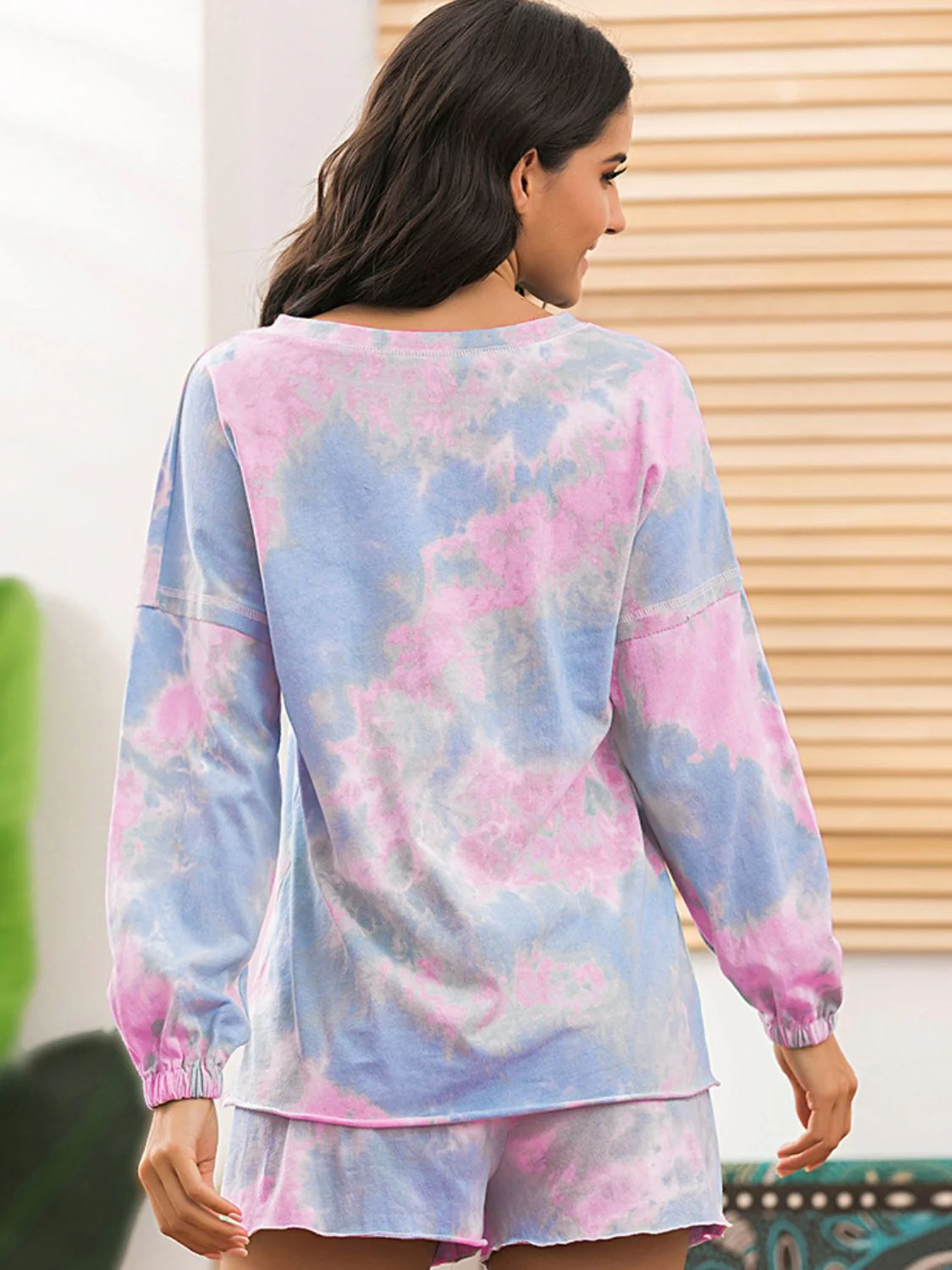 Ivy Lane Tie-Dye Long Sleeve Top and Shorts Lounge Set - Image 2