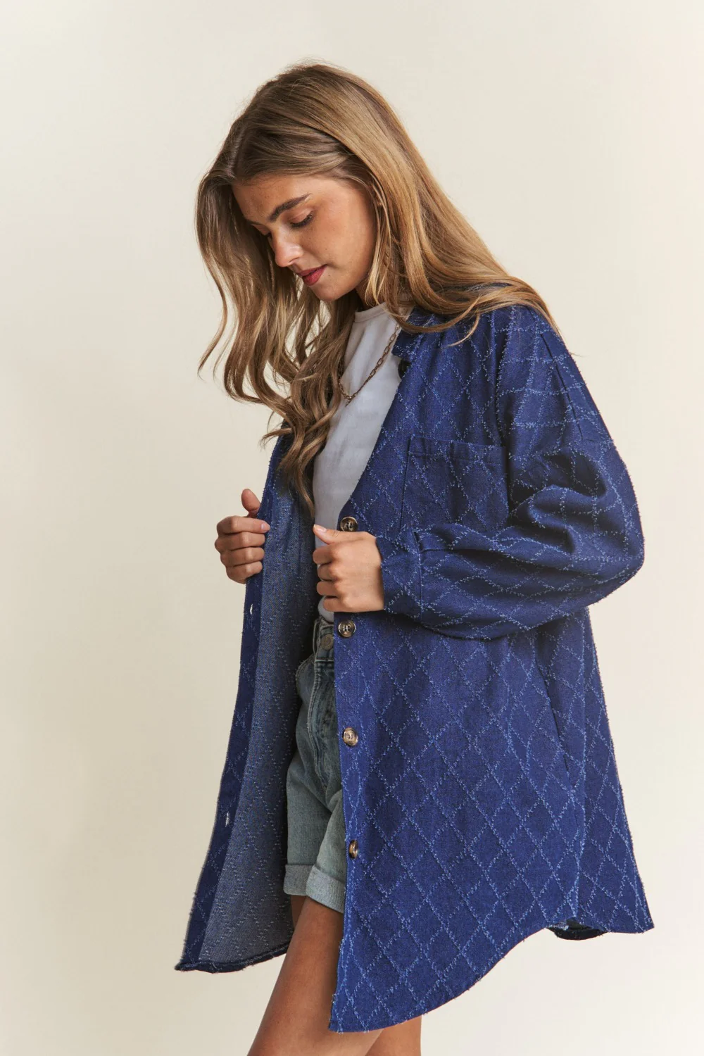 J.NNA Rhombus Stitched Button Up Denim Jacket - Image 3