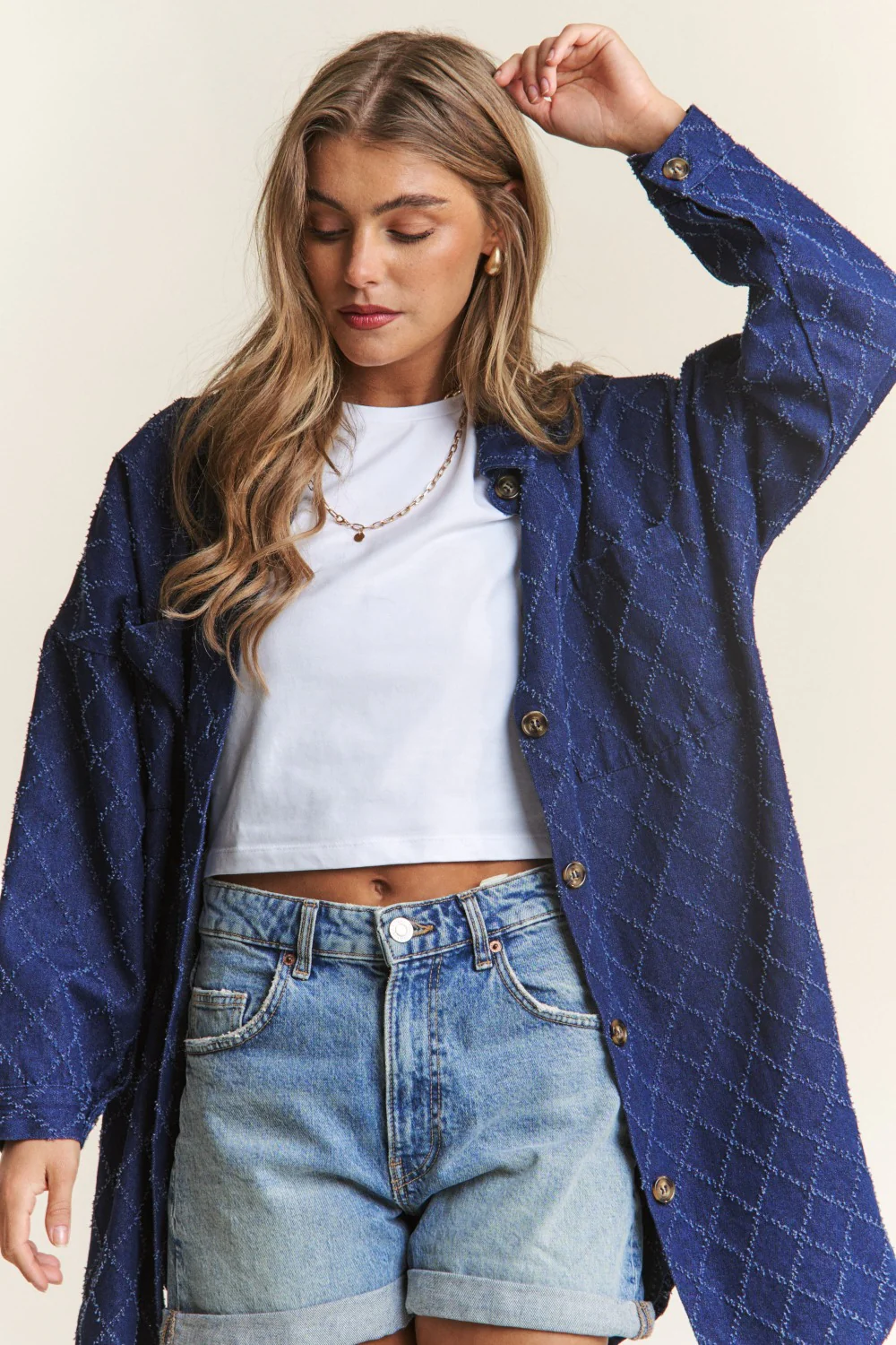 J.NNA Rhombus Stitched Button Up Denim Jacket - Image 4