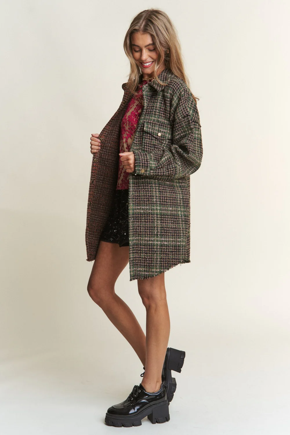 J.NNA Snap Down Tweed Plaid Contrast  Longline Jacket - Image 5