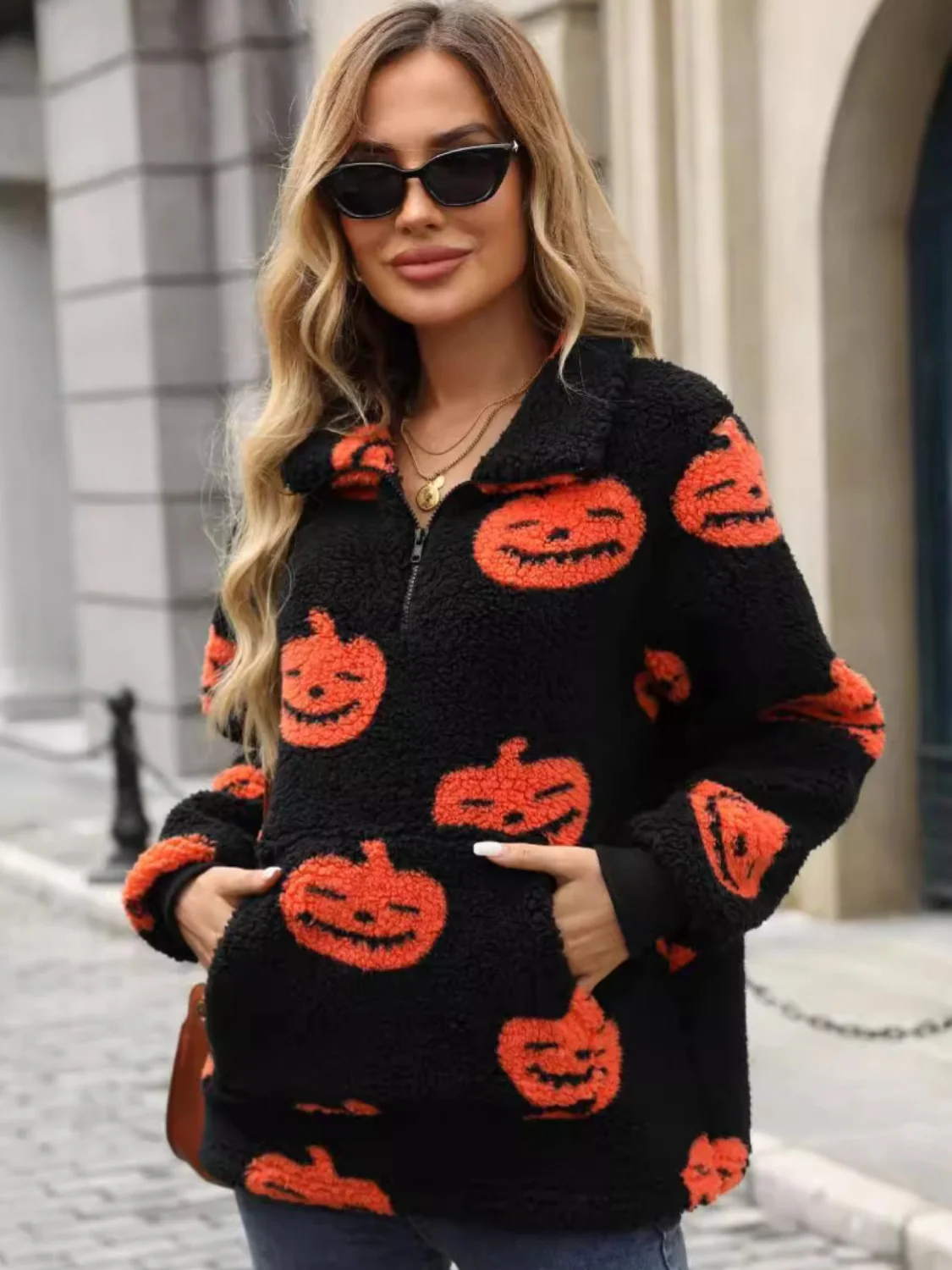 Jack-O'-Lantern Half Zip Long Sleeve Sweatshirt - Image 3