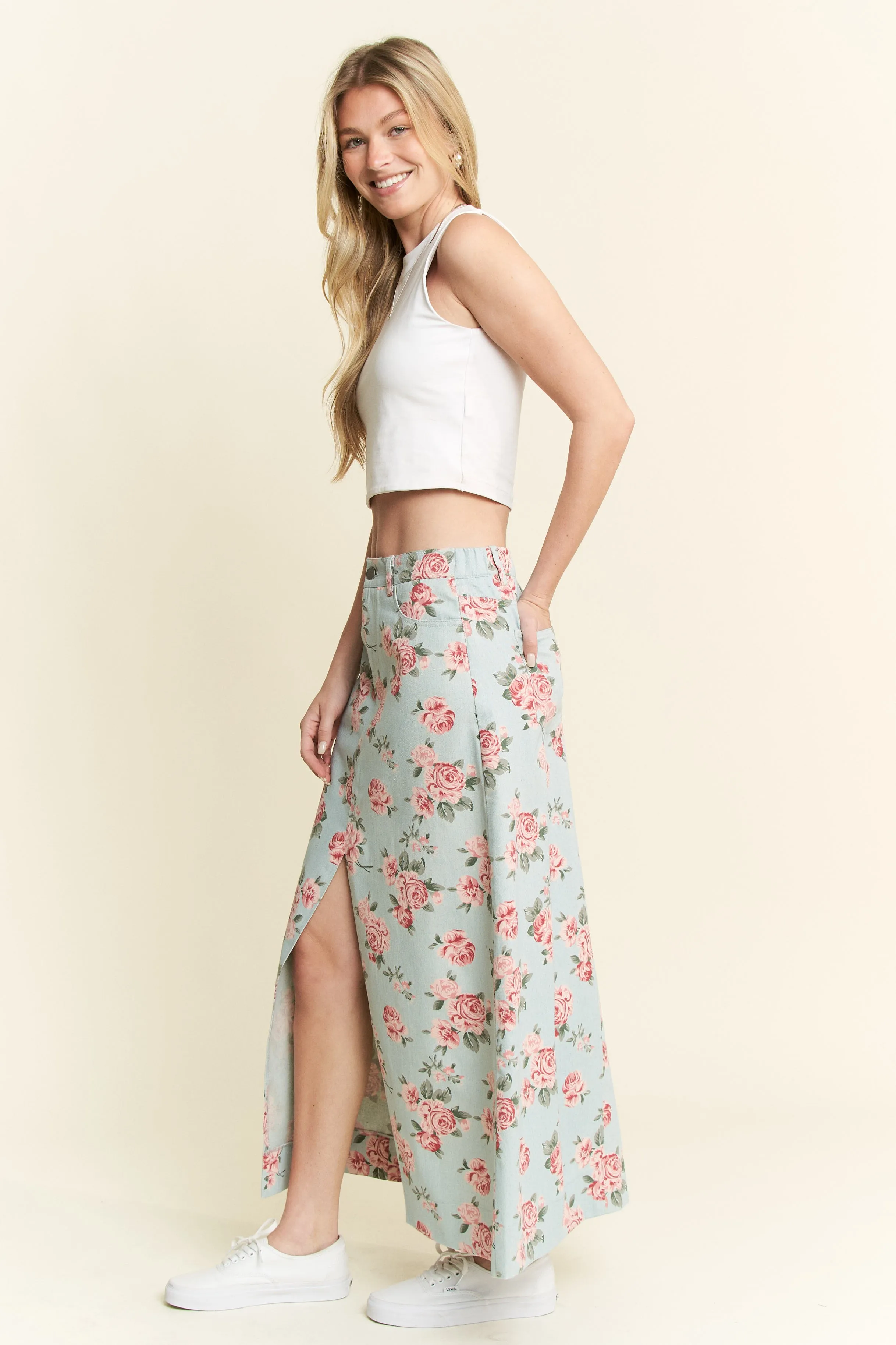 Jade By Jane Full Size Floral Print Front Slit Denim Maxi Skirt Plus Size - Image 2