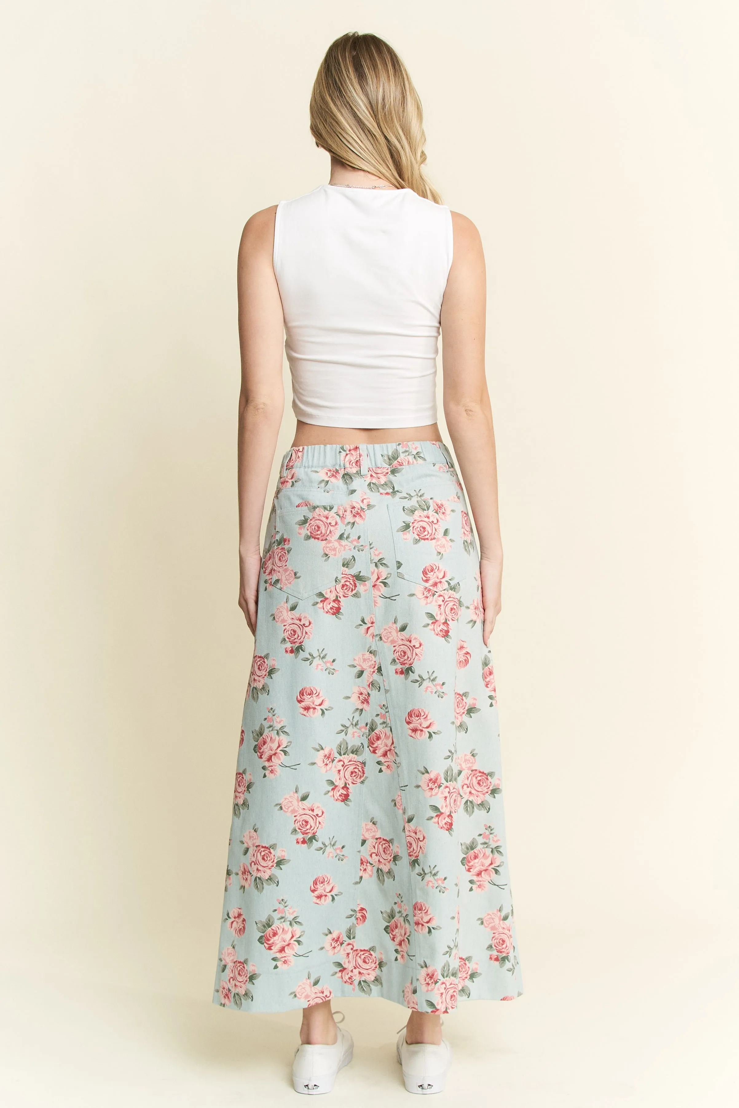 Jade By Jane Full Size Floral Print Front Slit Denim Maxi Skirt Plus Size - Image 3