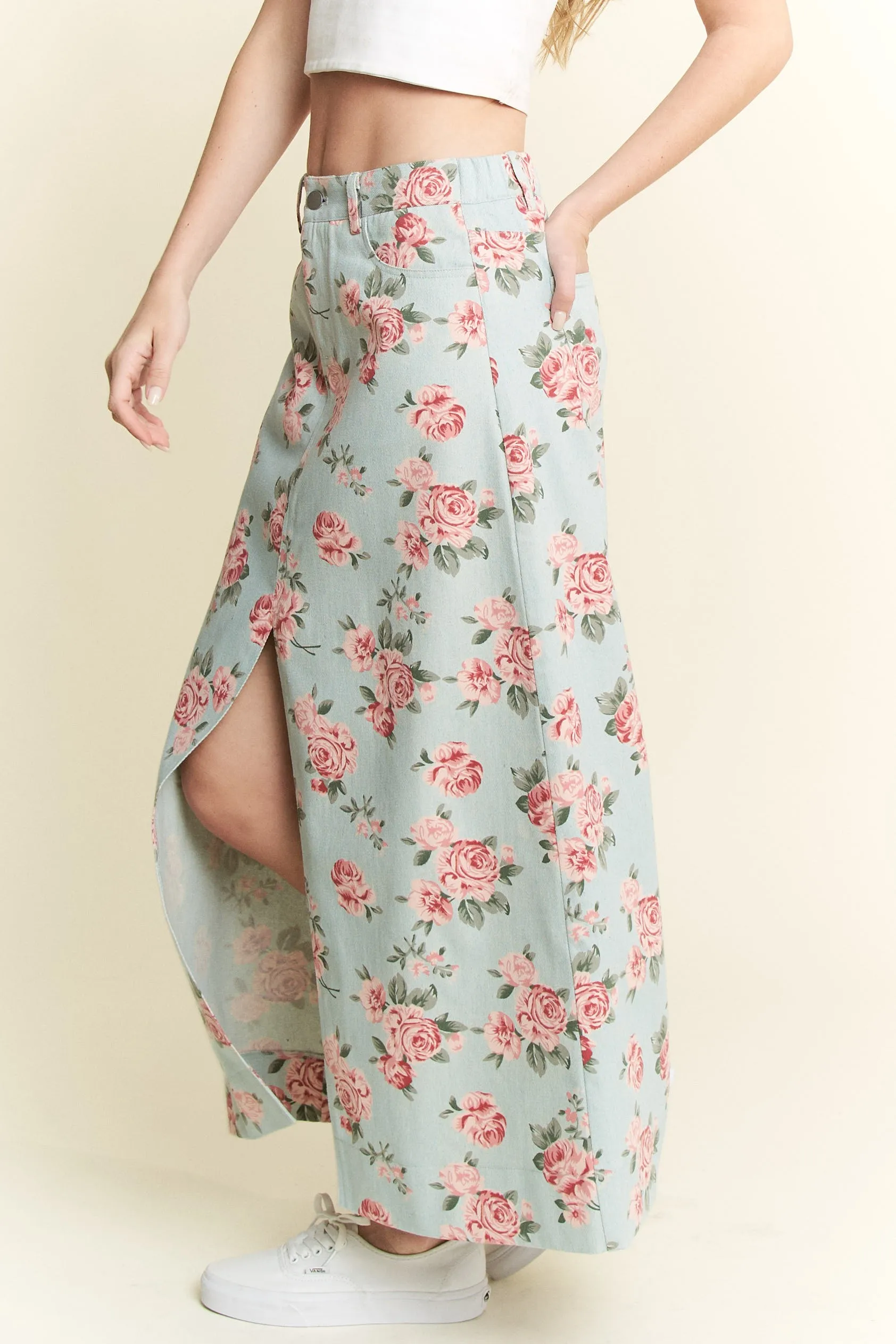 Jade By Jane Full Size Floral Print Front Slit Denim Maxi Skirt Plus Size - Image 4